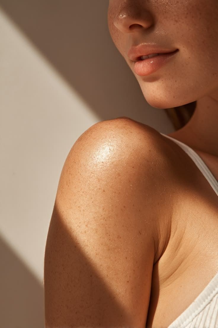 Dettaglio di una spalla e del volto con pelle idratata e freckles, alla luce naturale
