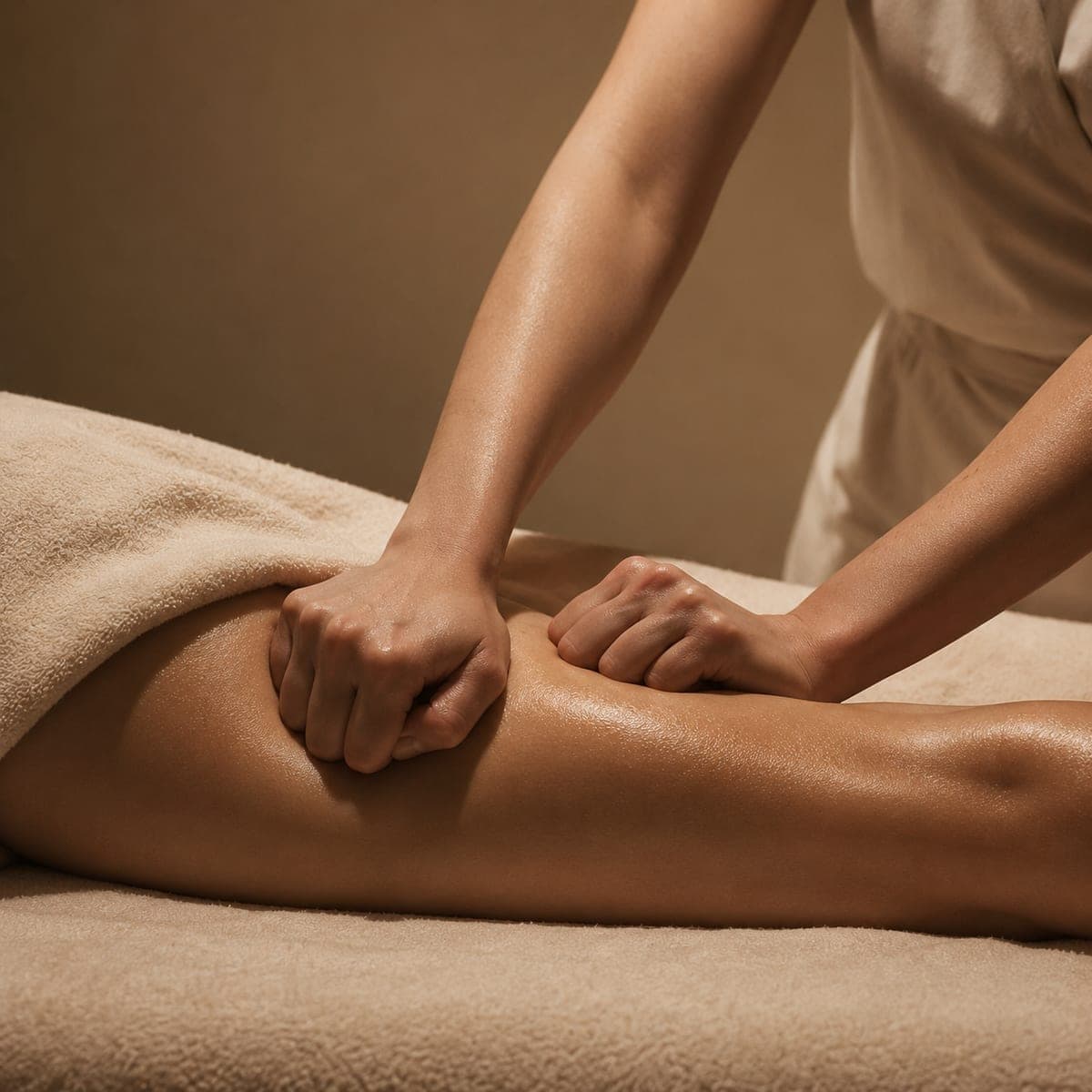 Mani che eseguono un massaggio intenso sulla gamba durante un trattamento corpo
