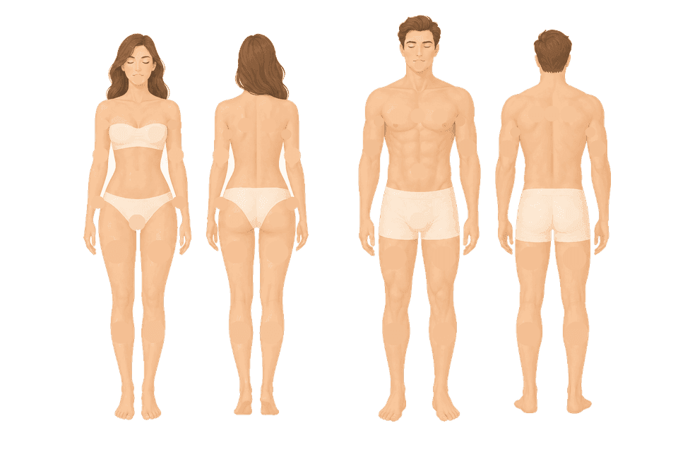 Illustrazione di figure uomo e donna, fronte e retro, per le zone di epilazione laser
